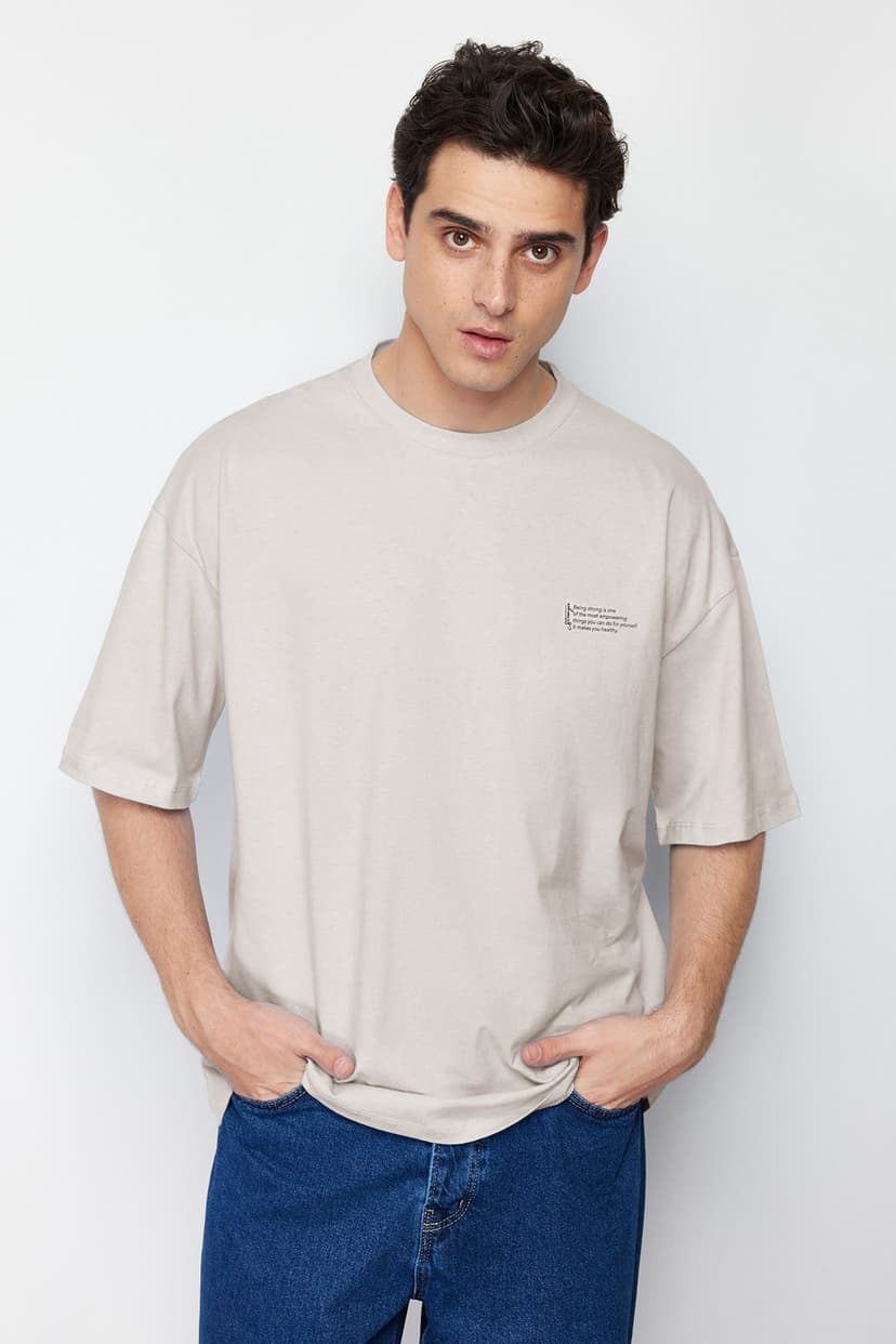 Taş Oversize %100 Pamuklu Bisiklet Yaka Minimal Yazı Baskılı Tok Kumaş T-shirt