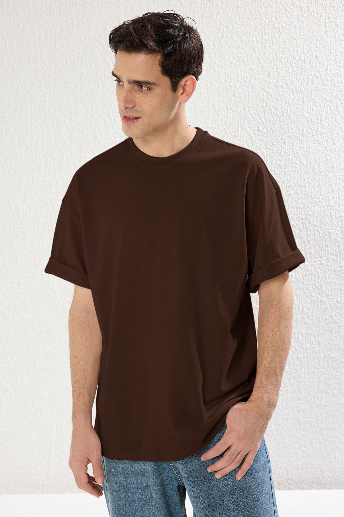 Kahverengi Oversize/Geniş Kesim Dokulu Basic %100 Pamuklu Tok Kumaş T-shirt