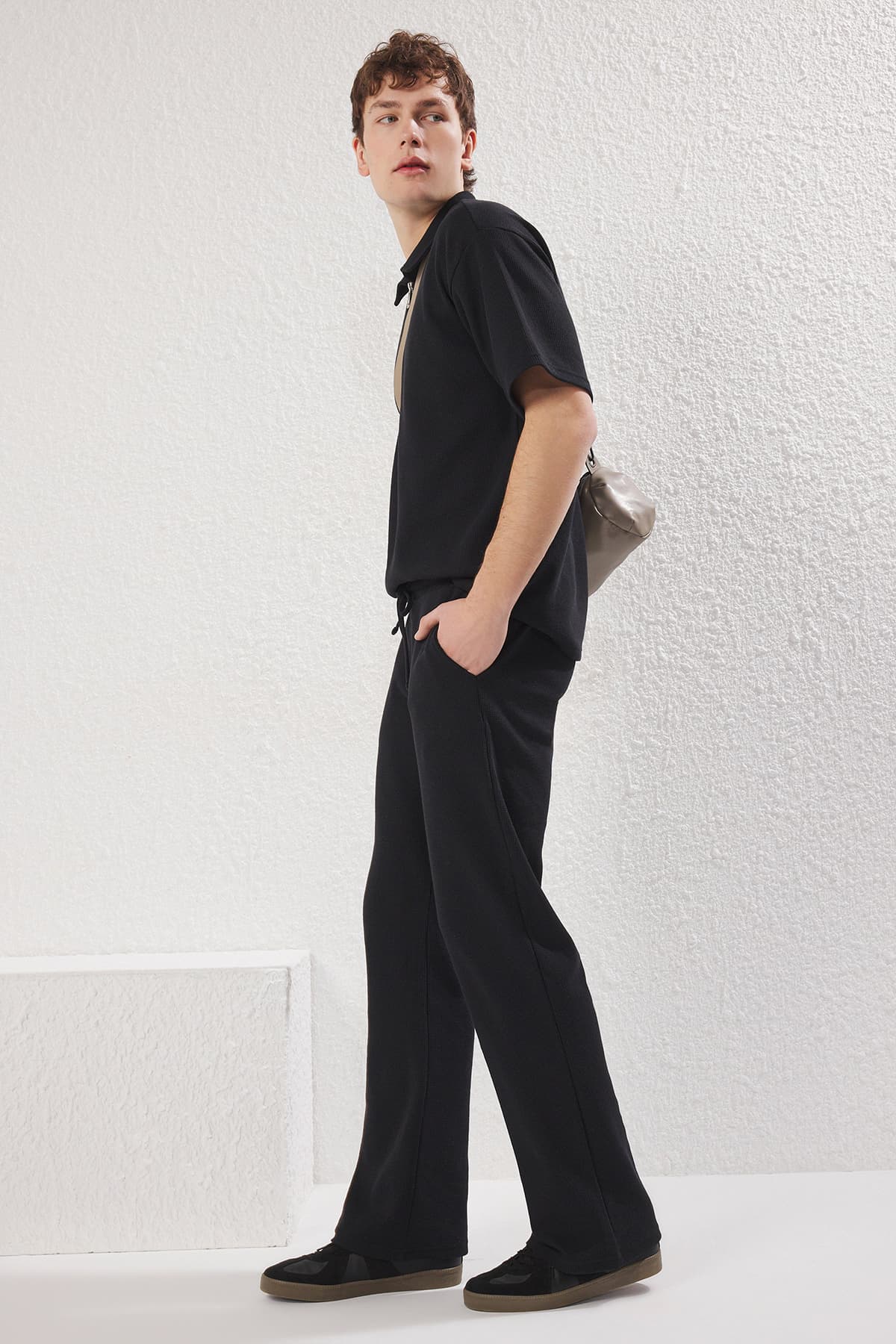 Siyah Wide Leg/Geniş Kesim Waffle Dokulu Eşofman Altı Pantolon