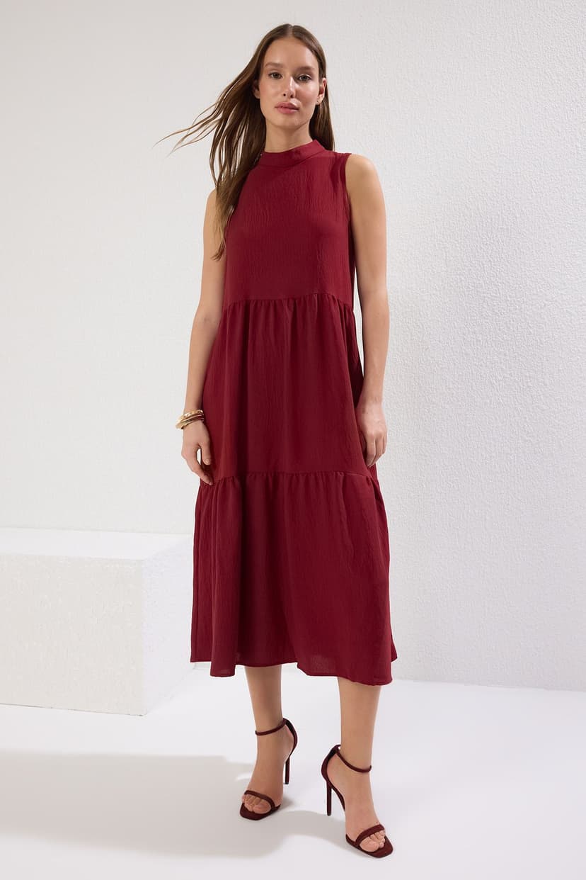Trendyolmilla Bordo Shift/Düz Kesim Dik Yaka Midi Dokuma Elbise TWOSS20EL1864