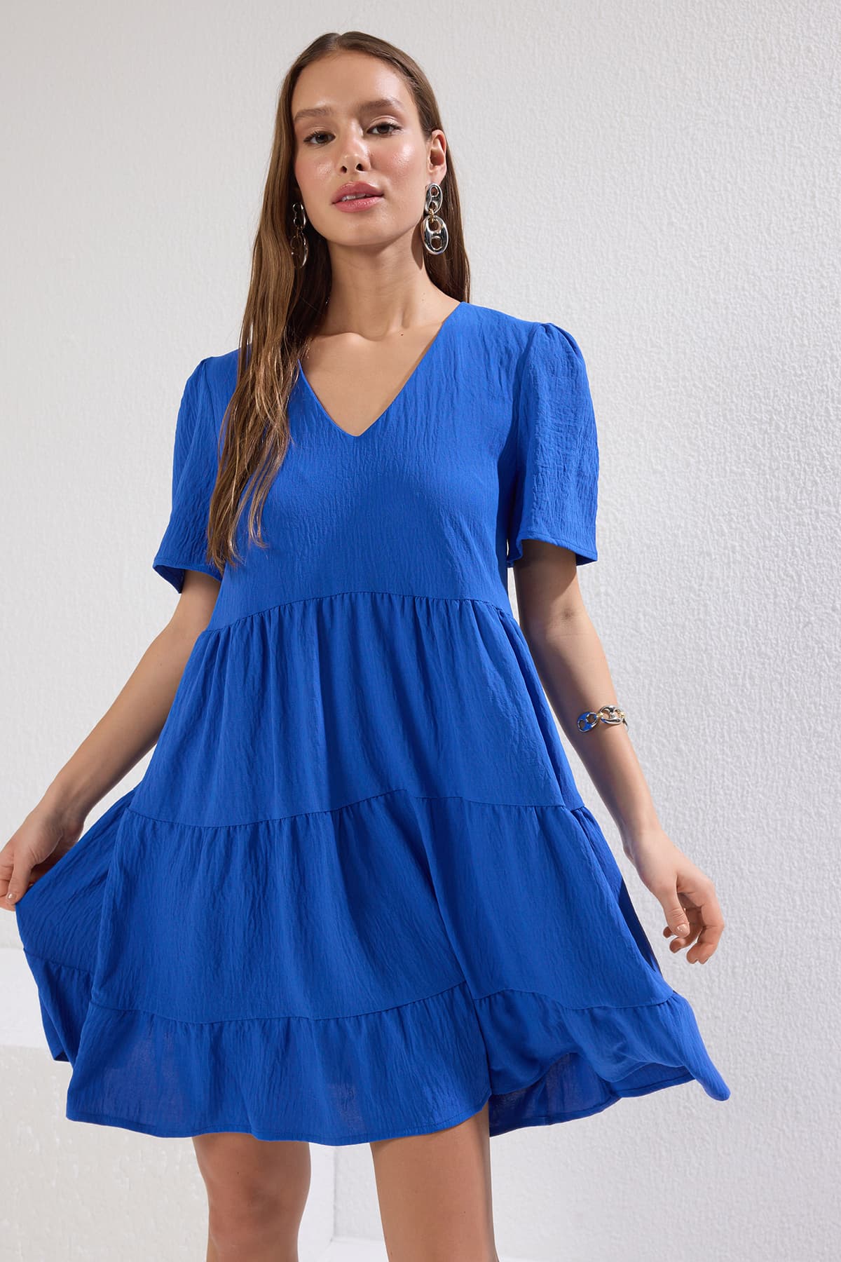 Indigo Geniş Kesim V Yaka Mini Dokuma Elbise