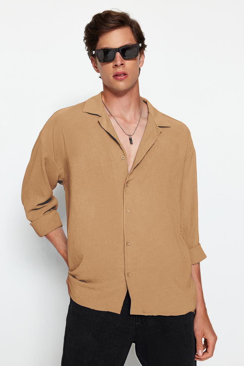 Vizon Oversize Fit Apaş Yaka Yazlık Keten Görünümlü Gömlek