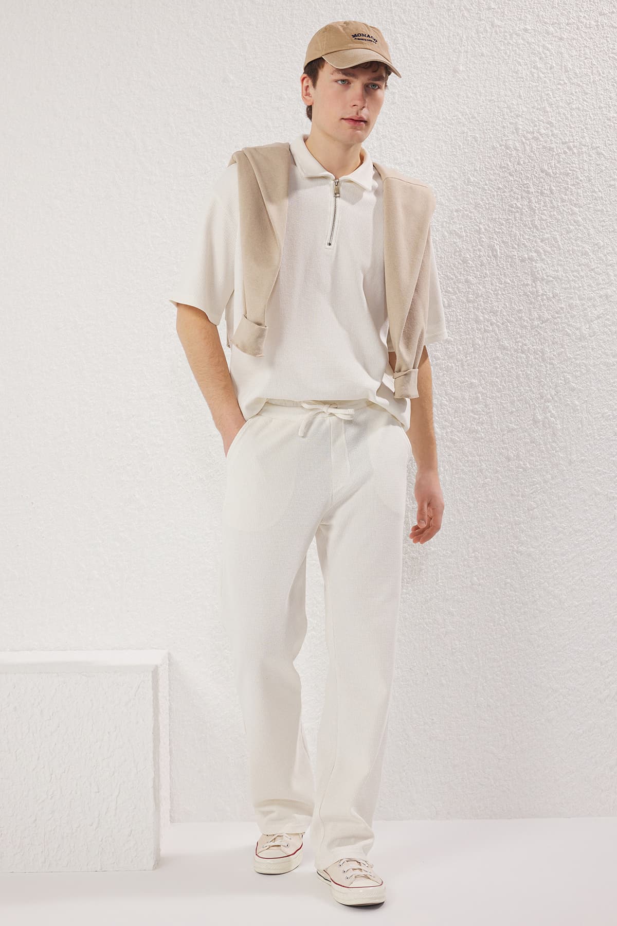 Ekru Wide Leg/Geniş Kesim Waffle Dokulu Eşofman Altı Pantolon