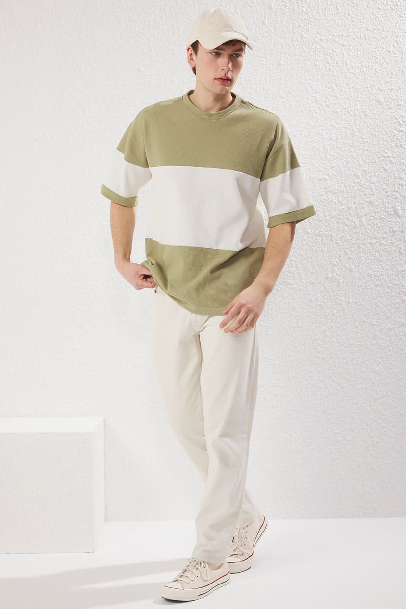 Mint Oversize/Geniş Kesim Renk Bloklu Dokulu %100 Pamuk T-Shirt