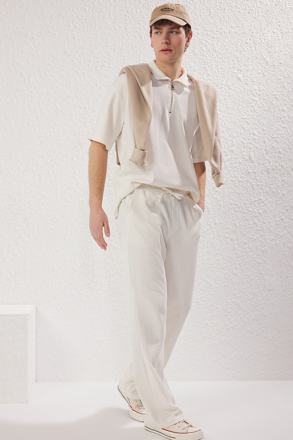 Ekru Wide Leg/Geniş Kesim Waffle Dokulu Eşofman Altı Pantolon