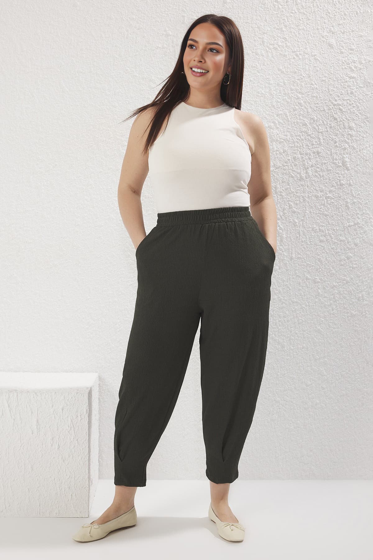 Haki Havuç Fit Beli Lastikli Örme Büyük Beden Pantolon