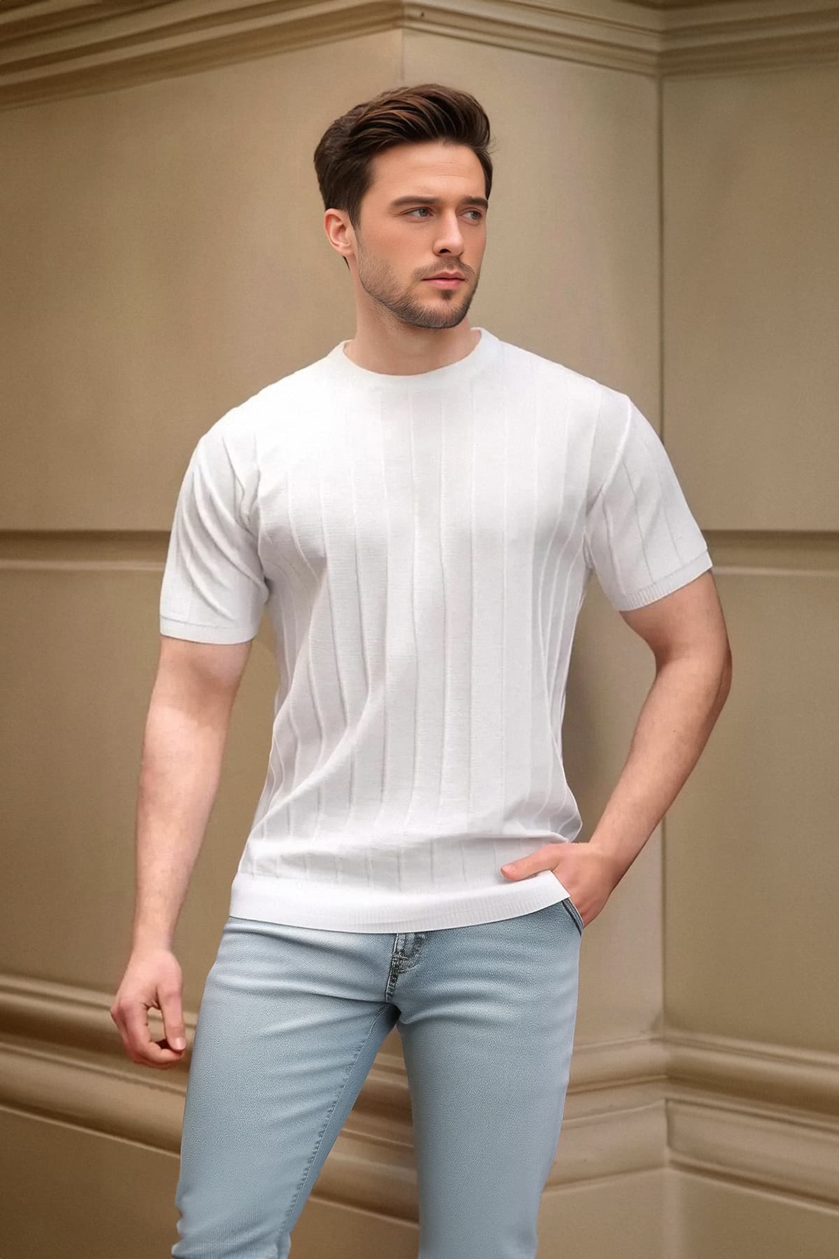 Beyaz Regular/Normal Kesim Bisiklet Yaka Pamuklu Basic T-Shirt