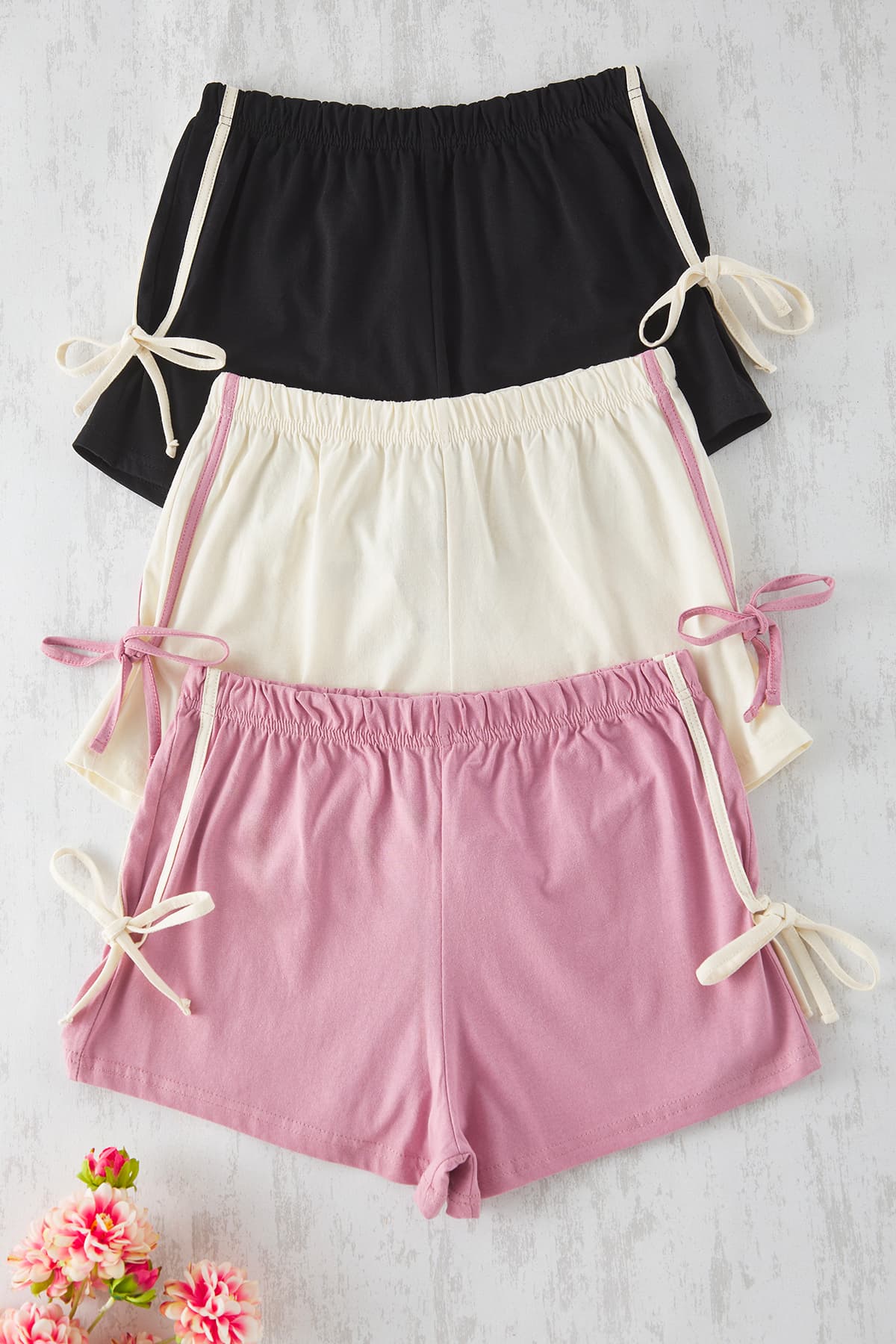 Pembe-Çok Renkli 3'lü Paket %100 Pamuklu Bağlamalı/Fiyonklu Örme Pijama Altı