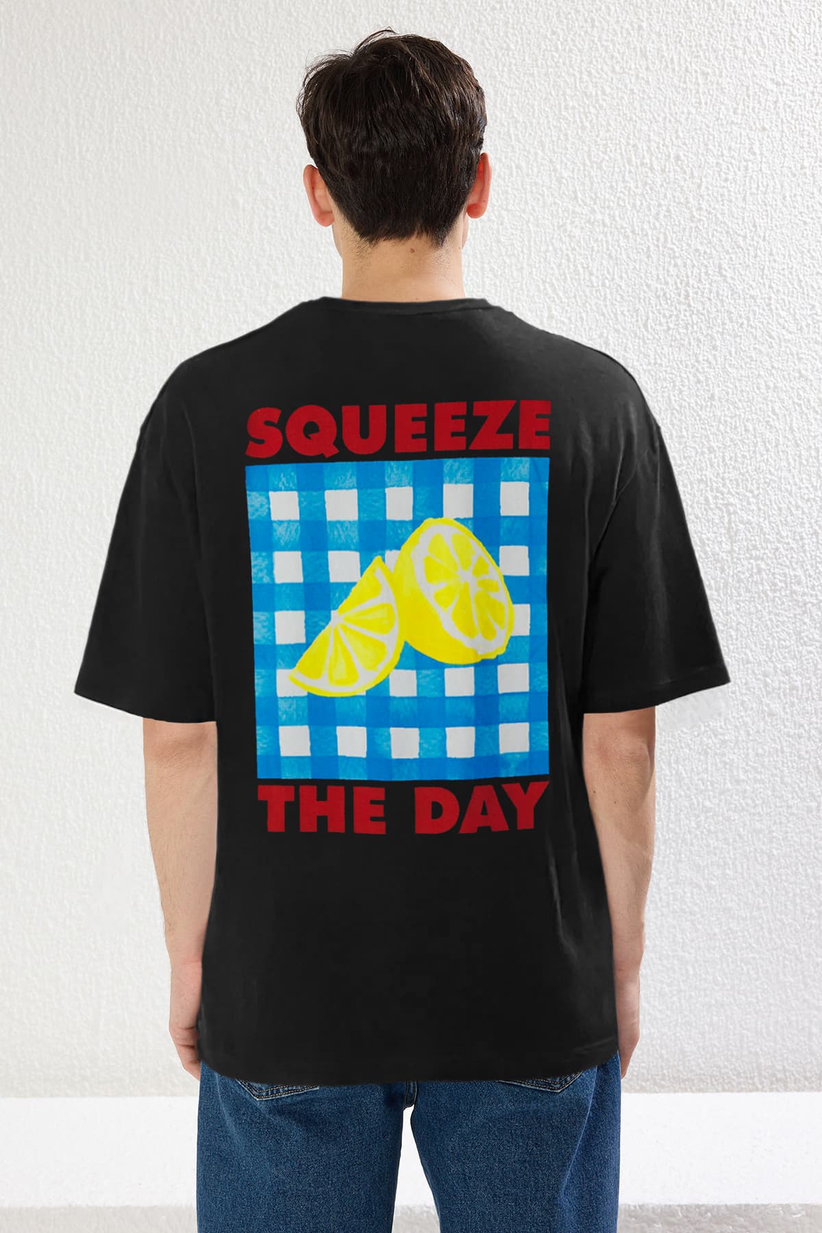 Siyah Oversize/Geniş Kesim Limon Baskılı %100 Pamuk T-Shirt