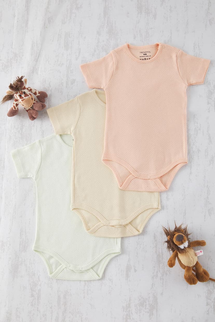 Trendyolmilla Kids Somon-Bej-Ekru 3'lü %100 Pamuk Unisex Kısa Kol Baby Örme Çıtçıtlı Body/Zıbın TKDSS25ZO00000