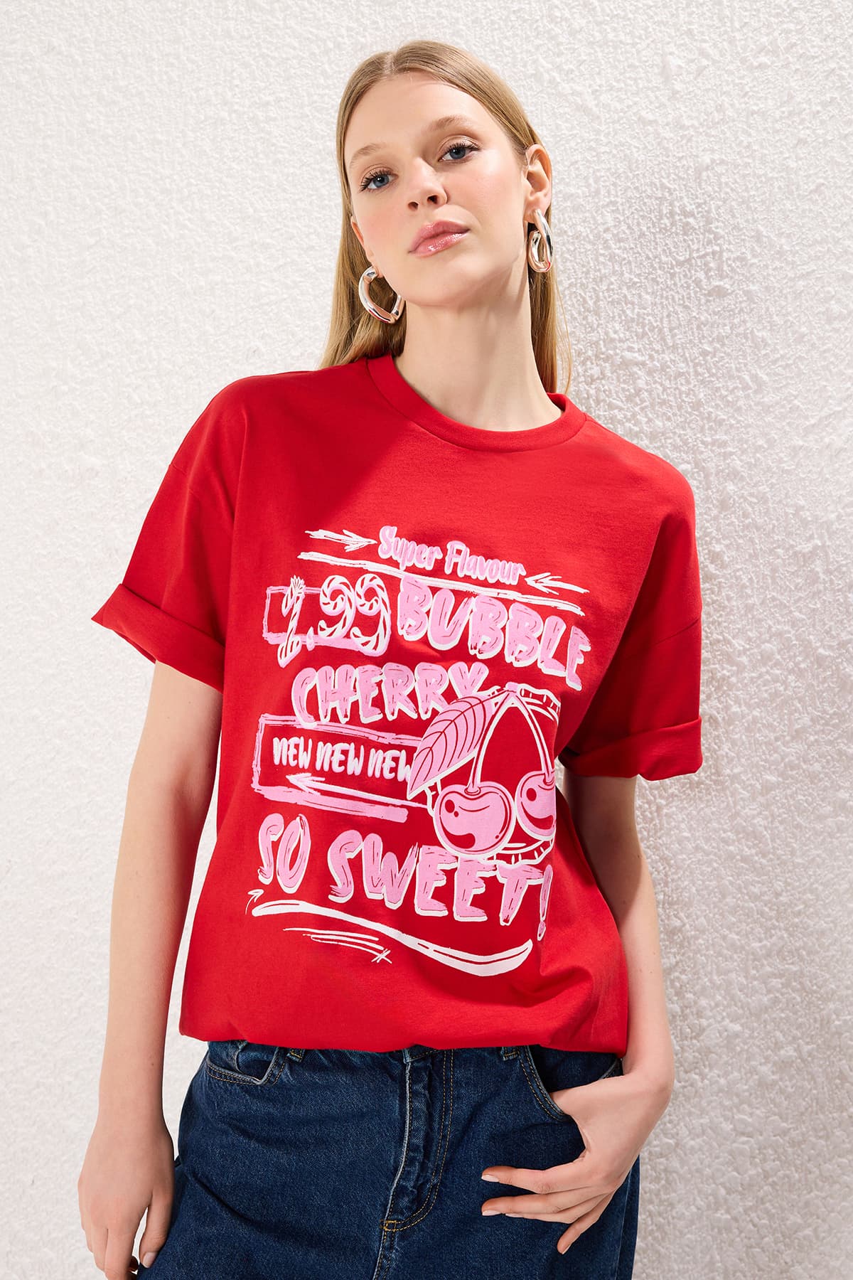 Kırmızı %100 Süprem Baskılı Oversize/Rahat Kesim Örme T-Shirt