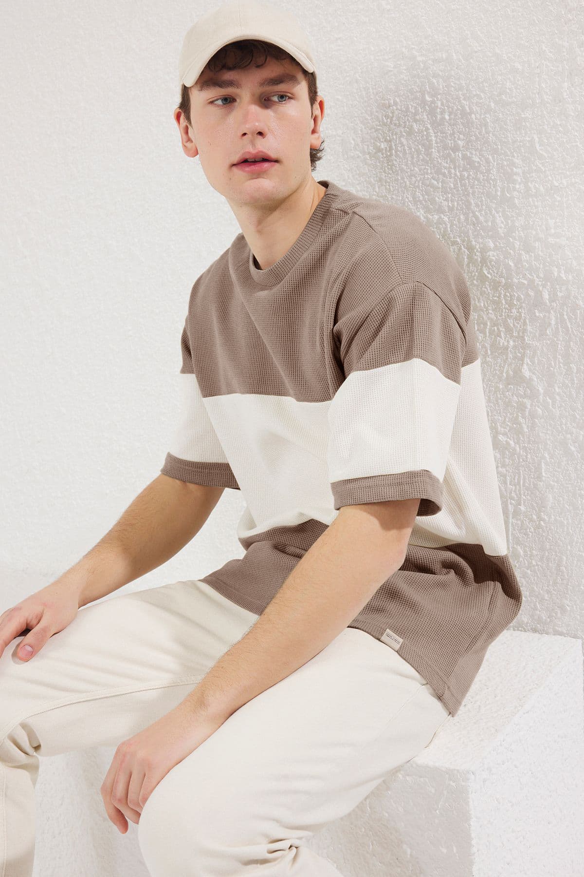 Taş Oversize/Geniş Kesim Renk Bloklu Dokulu %100 Pamuk T-Shirt