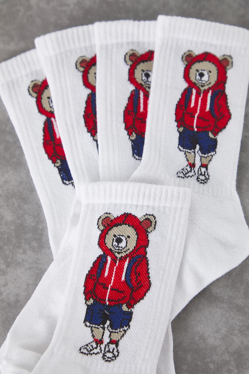 Beyaz Unisex 5'li Paket Kolej/Tenis/Orta Boy Ayıcıklı Pamuklu Çorap