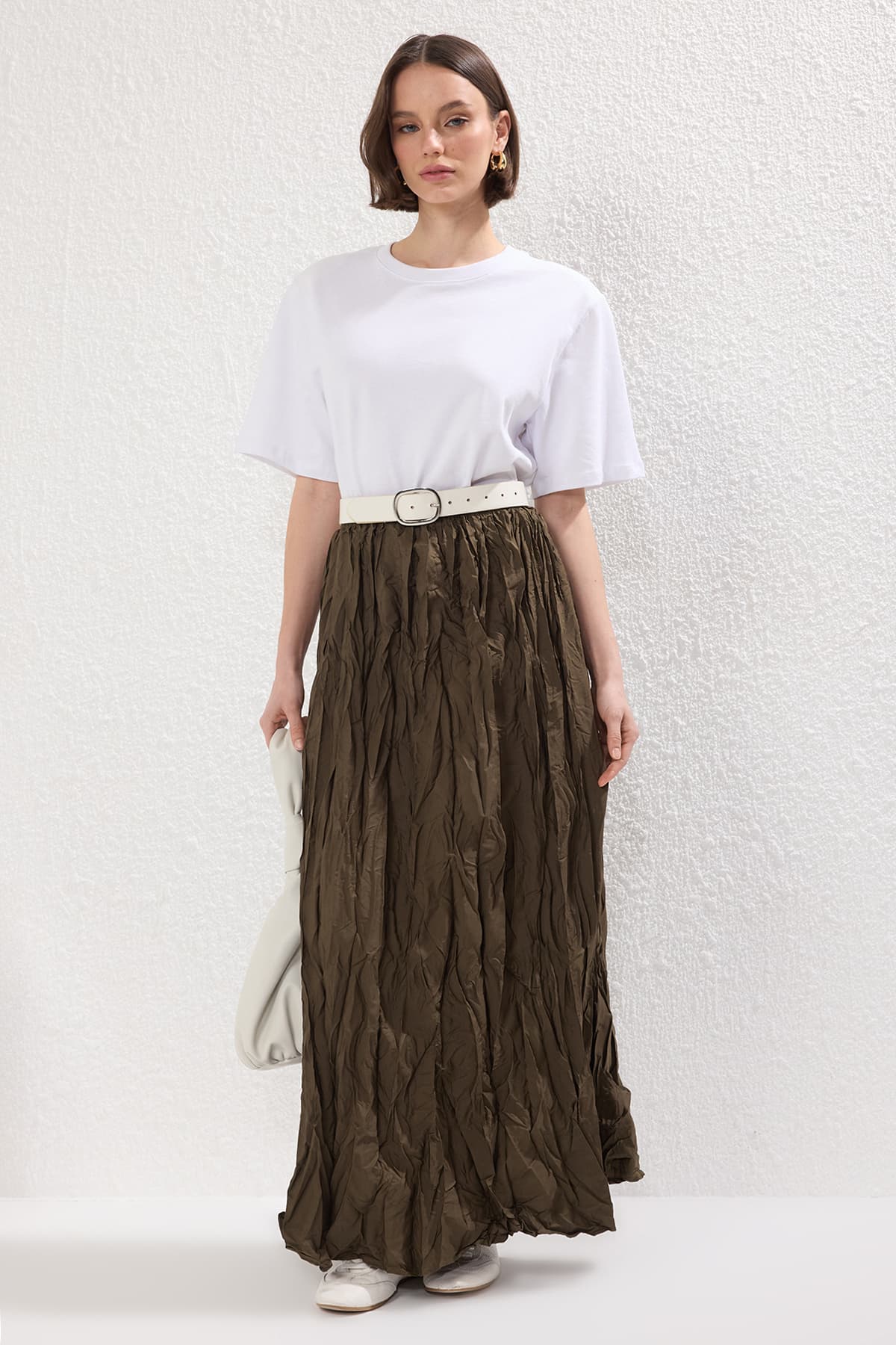 Haki Kraşlı-Kırışık Kumaş Dokuma Etek