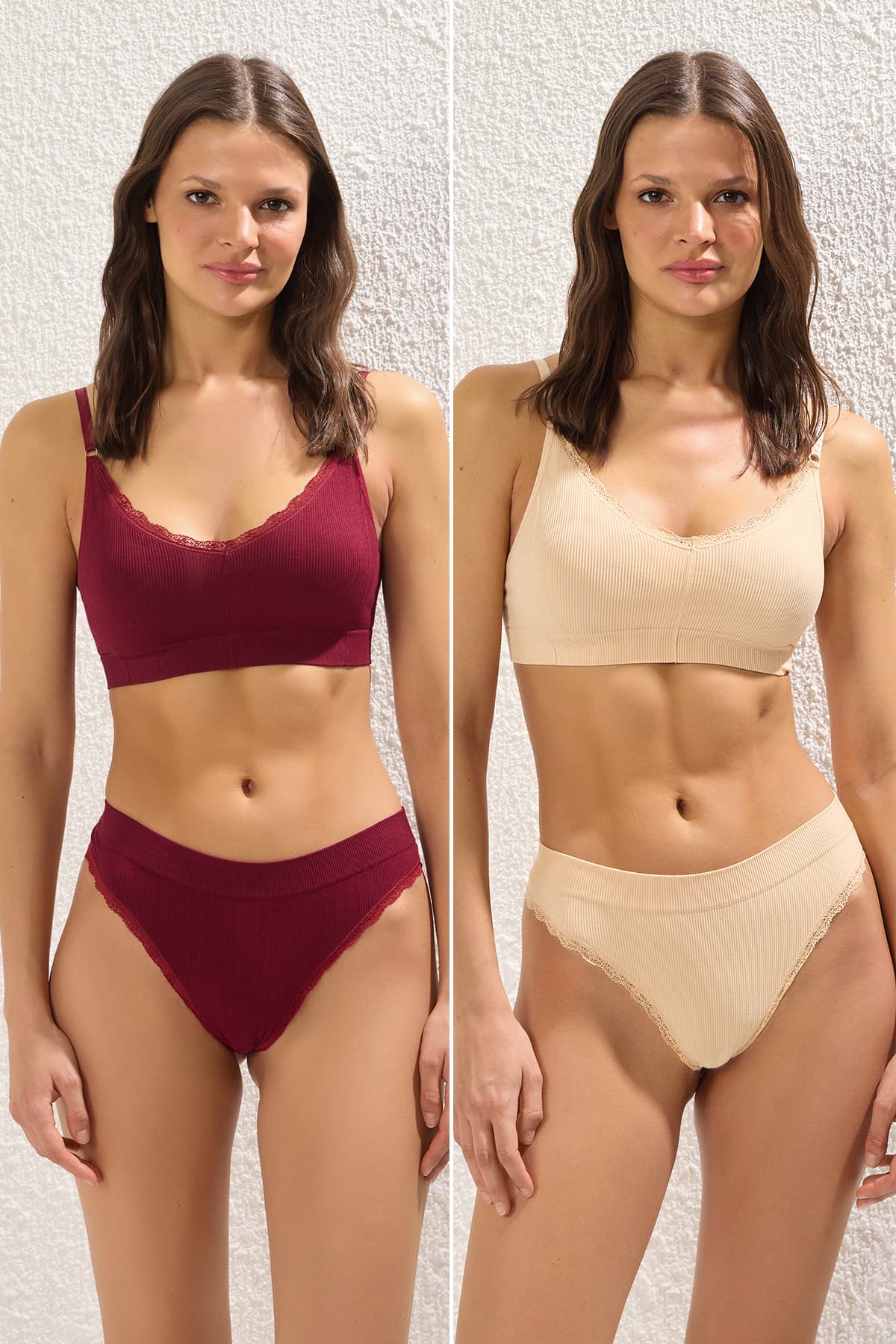 Ten-Bordo 2'li Paket Seamless/Dikişsiz Dantel Detaylı Tanga Örme Külot