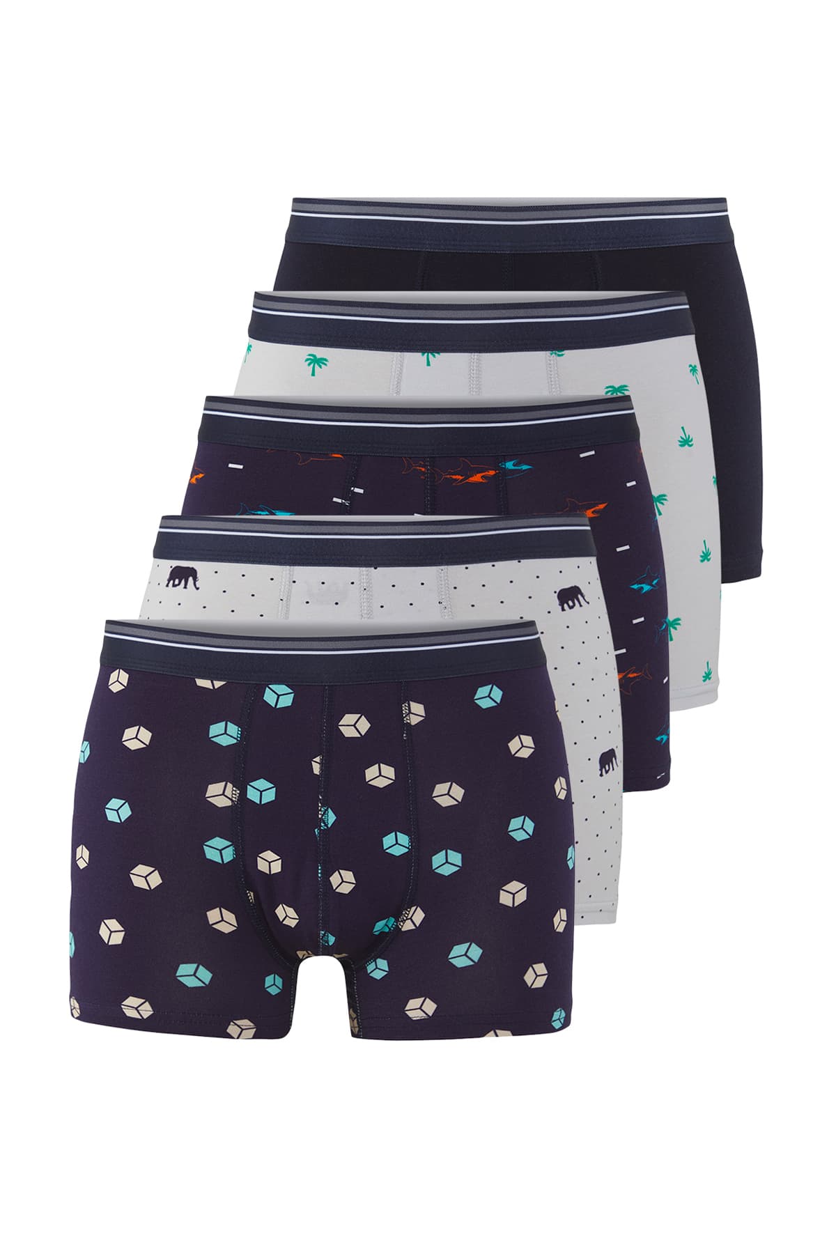 Çok Renkli 5'li Paket Desenli-Düz Esnek Pamuklu Boxer