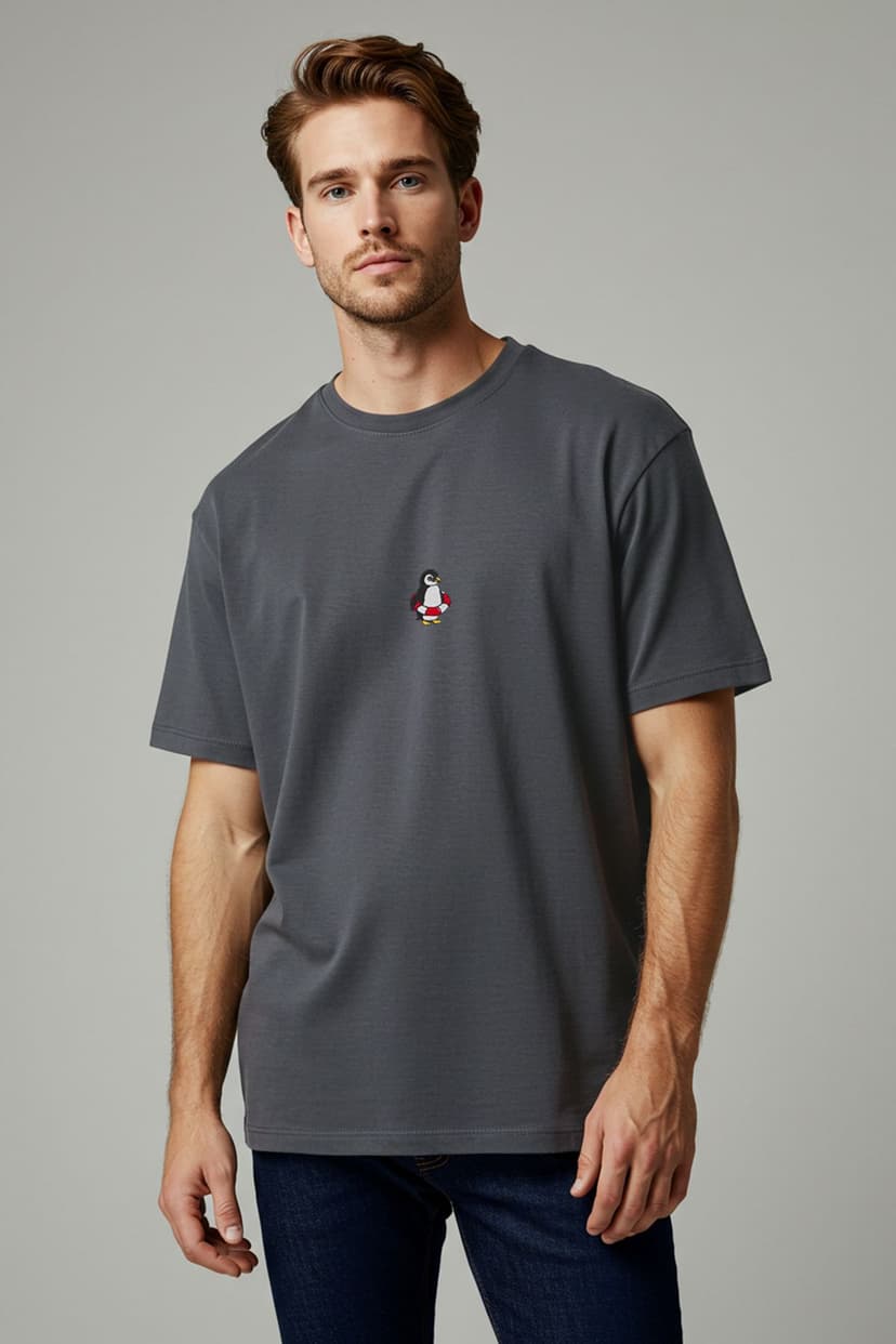 Antrasit Oversize/Geniş Kesim Penguen Nakışlı %100 Pamuklu T-Shirt