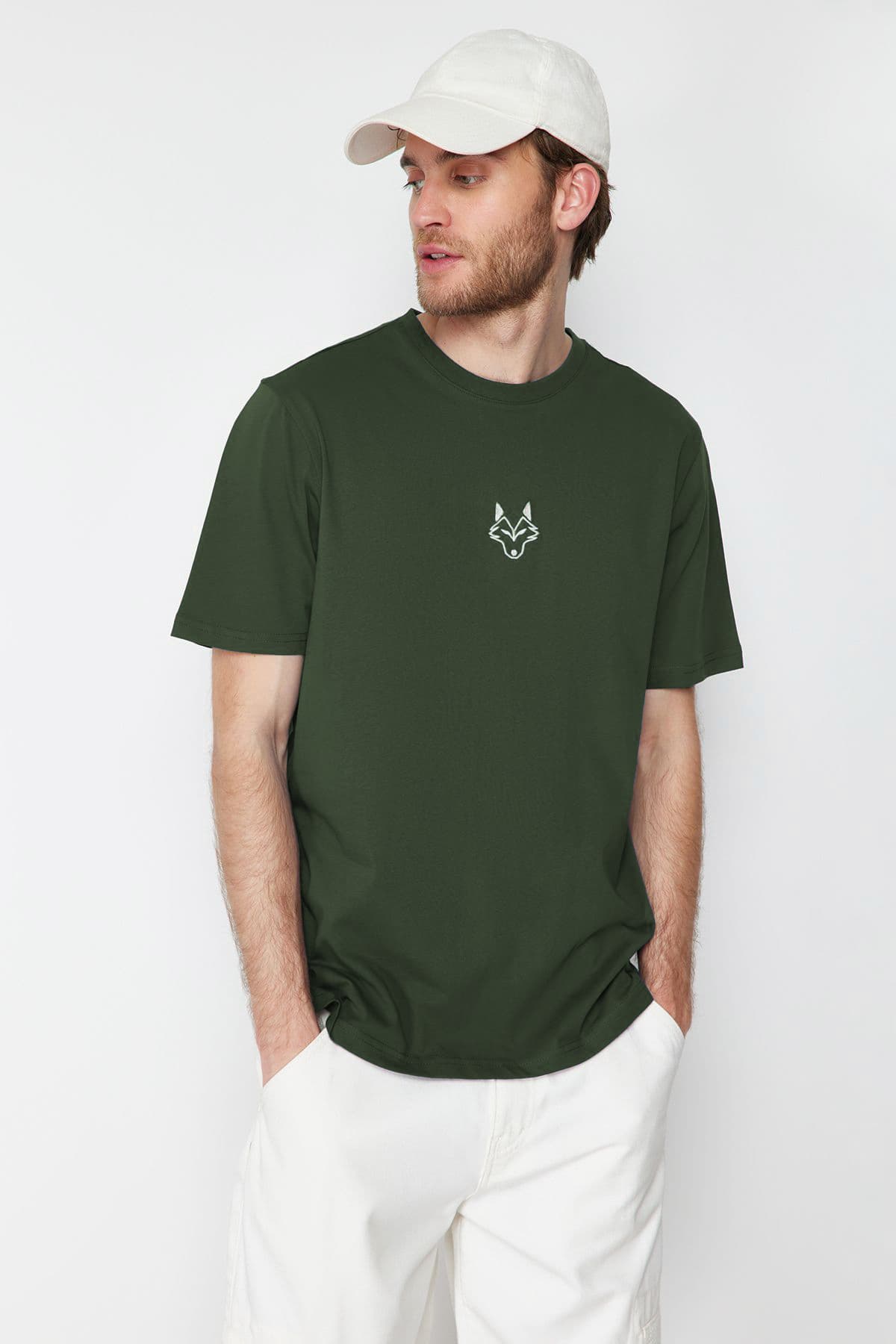 Haki Regular/Normal Kesim Kurt Nakışlı %100 T-Shirt