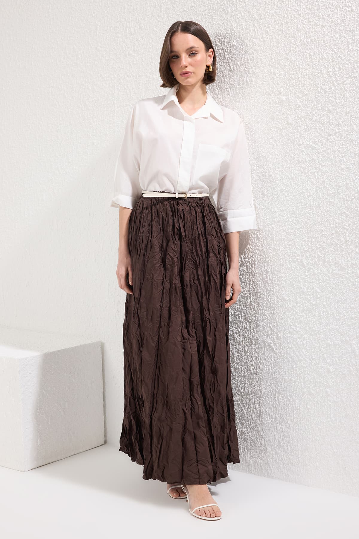 Kahverengi Kraşlı-Kırışık Kumaş Dokuma Etek