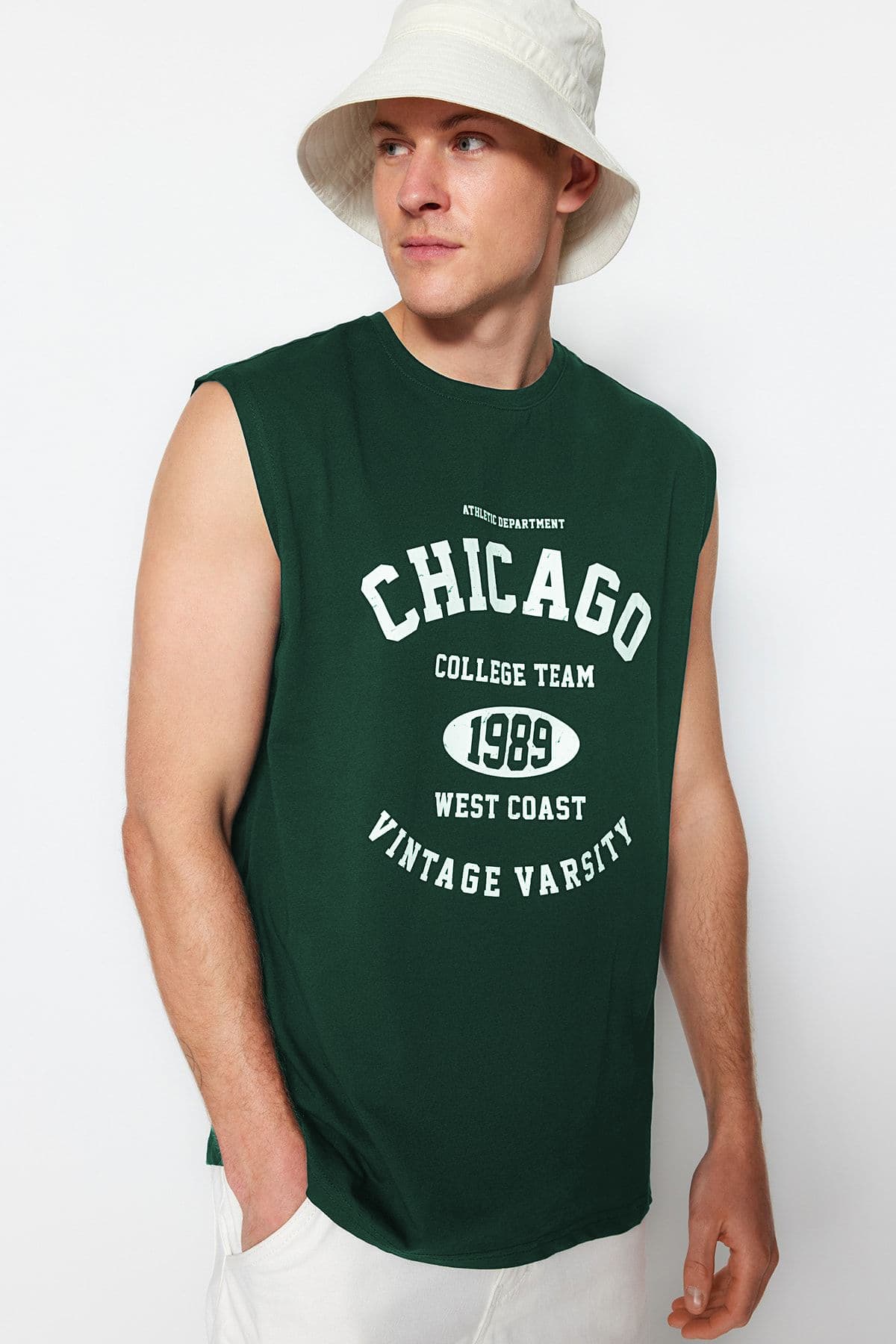 Zümrüt Yeşili Relaxed/Rahat Kesim Şehir Baskılı %100 Pamuk Kolsuz T-Shirt/Atlet