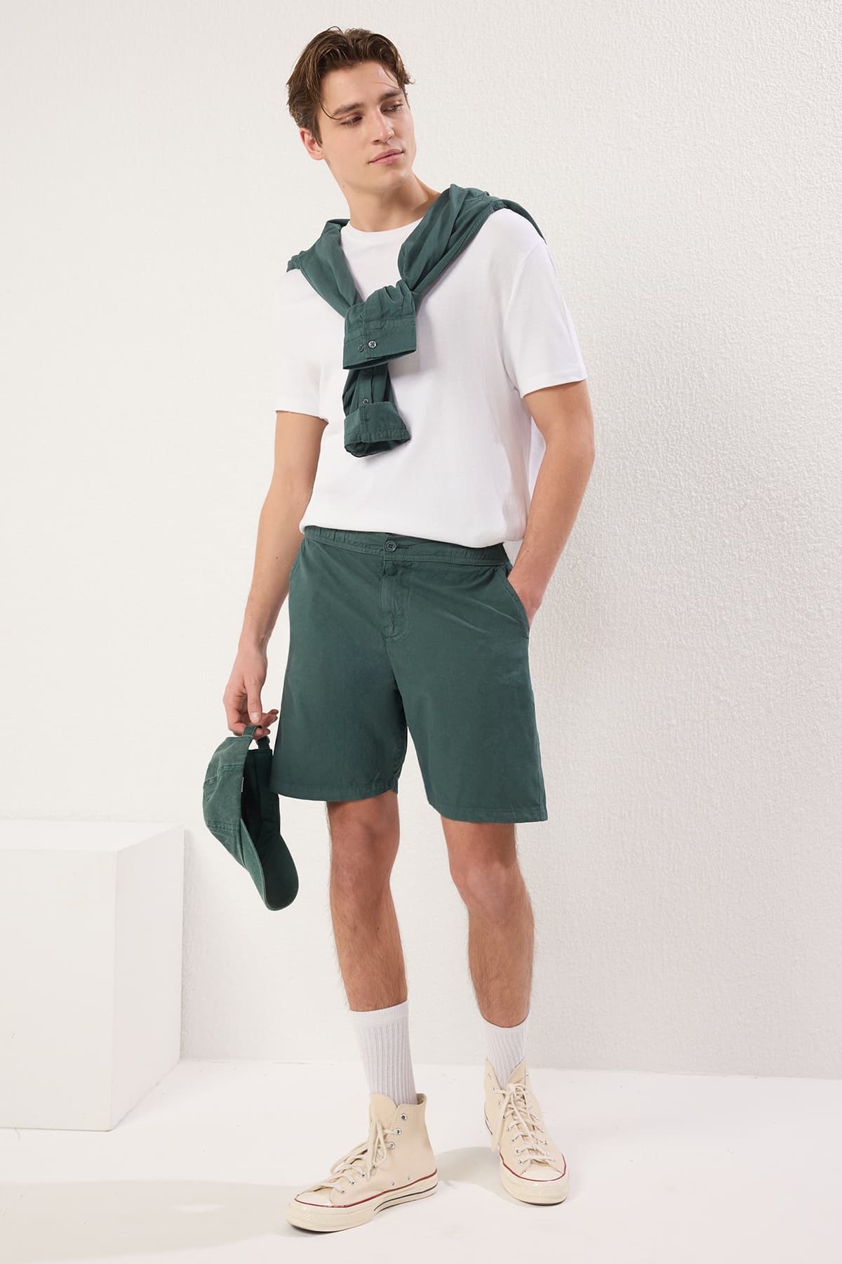 Koyu Yeşil Loose Fit Pamuklu Bağcıklı Şort