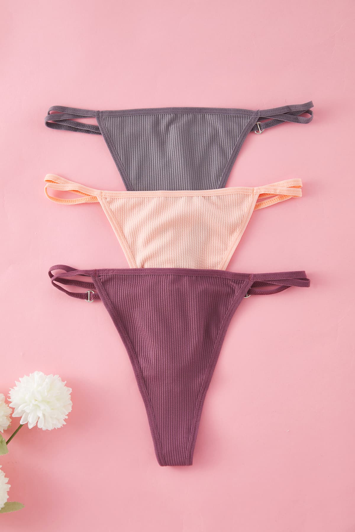 Gri-Somon-Mürdüm 3'lü Paket Kalpli Aksesuar Detaylı Fitilli Tanga Örme Külot