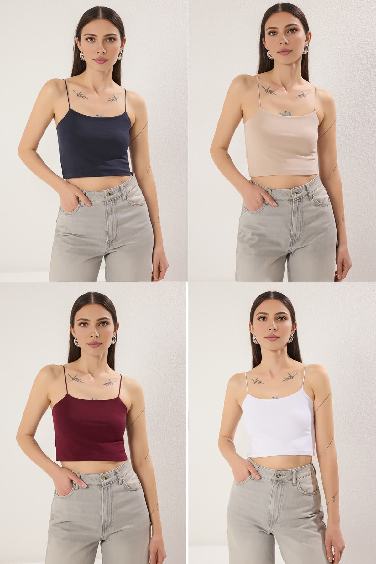 Antrasit-Beyaz-Bordo-Bej 4'lü Paket Askılı Crop Vücuda Oturan Esnek Örme Atlet