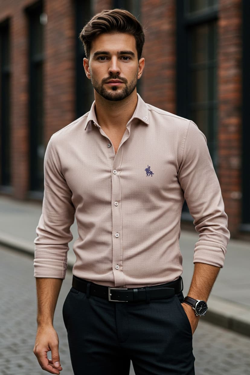 Bej Regular Fit Nakış Detaylı Smart Gömlek