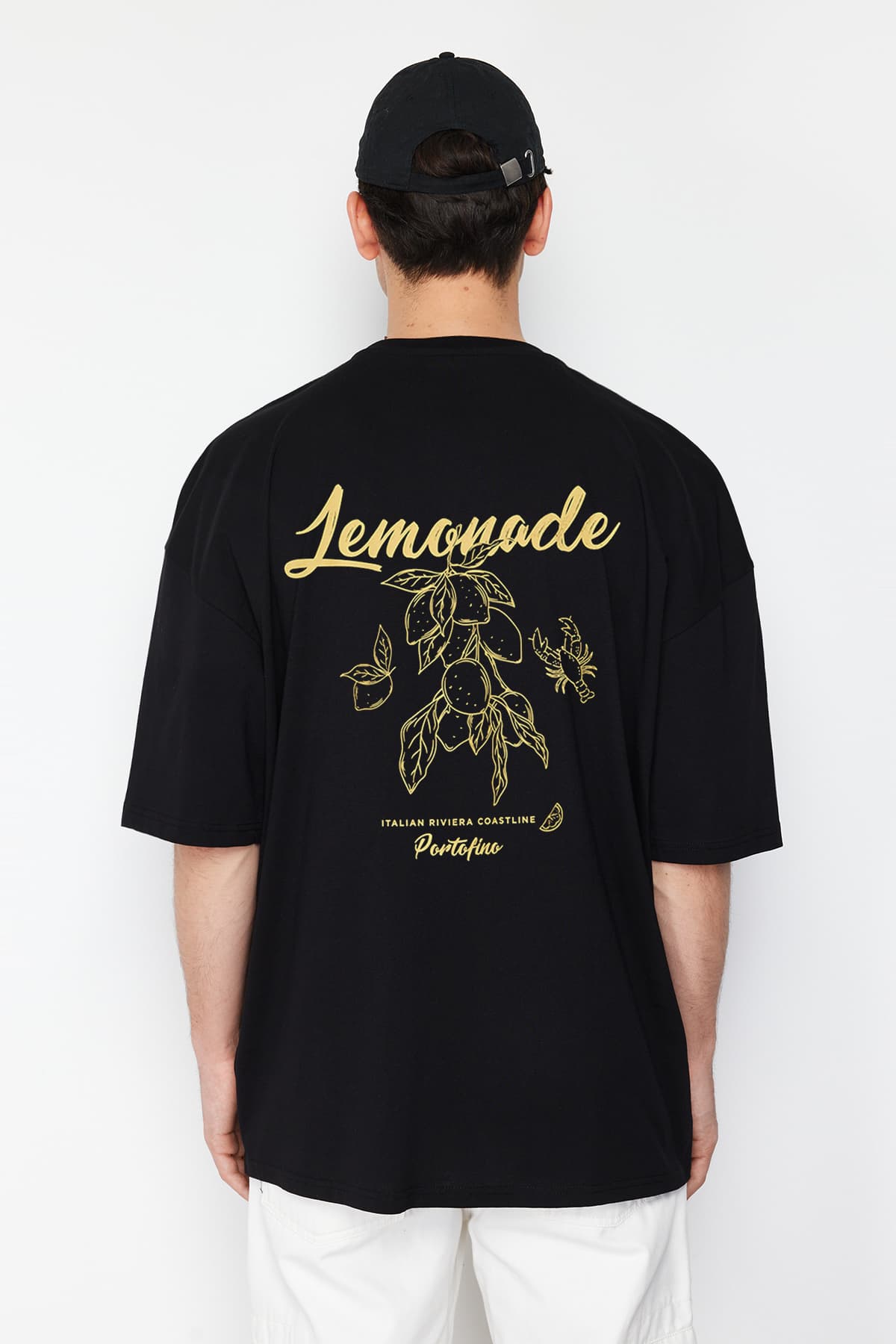 Siyah Oversize/Geniş Kesim Sırt Limon Baskılı %100 Pamuklu T-Shirt