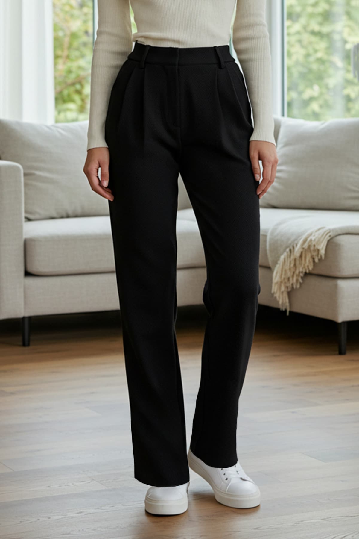 Siyah*001 Limited Edition Straight/Düz Kesim Pilili Dokuma Kumaş Pantolon