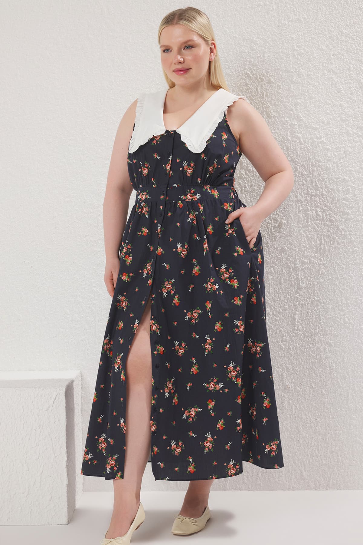 Çok Renkli Çiçekli Poplin %100 Pamuk Bebe Yaka Midi Dokuma Büyük Beden Elbise