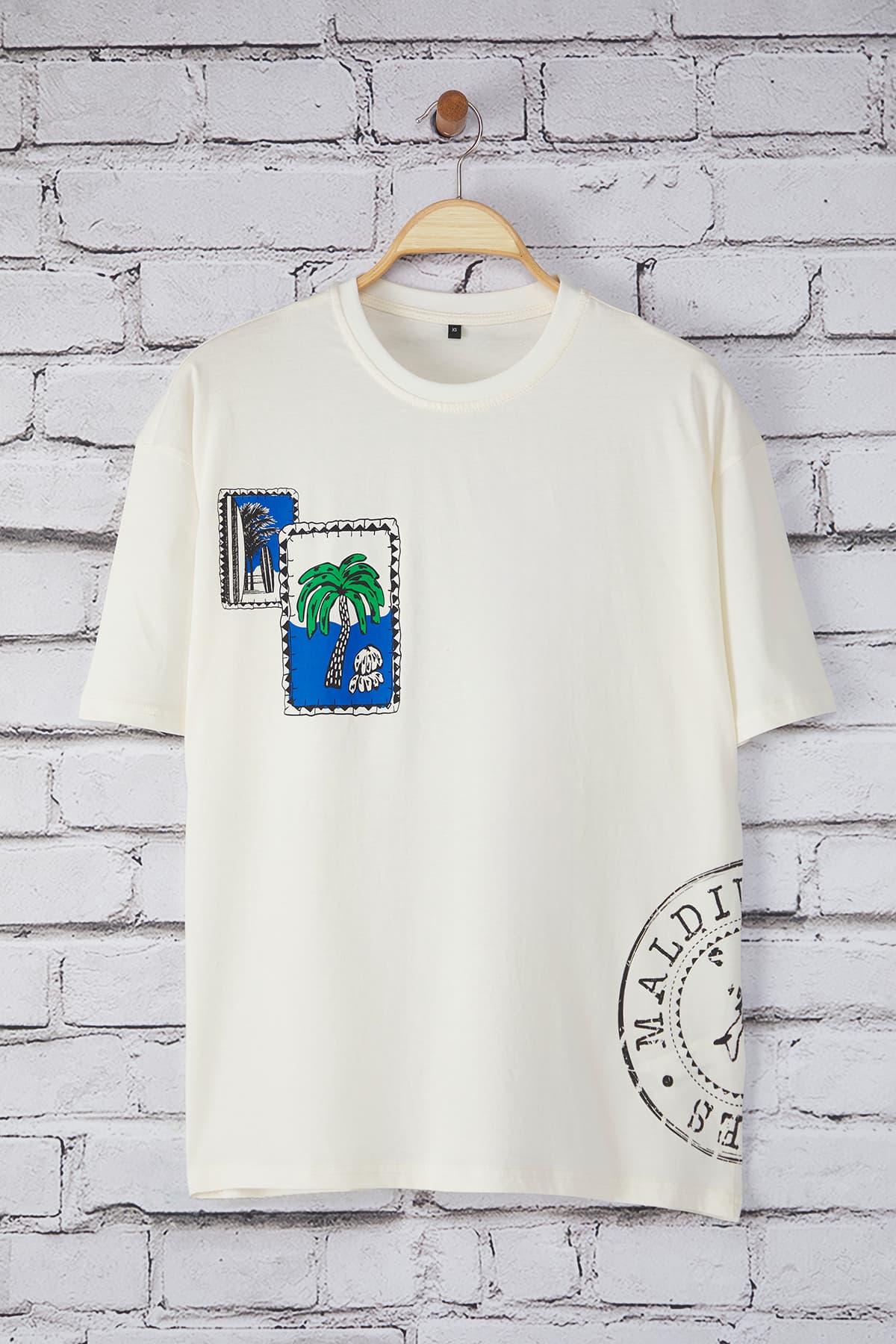 Ekru Oversize/Geniş Kesim Tropikal Baskılı %100 Pamuk T-Shirt