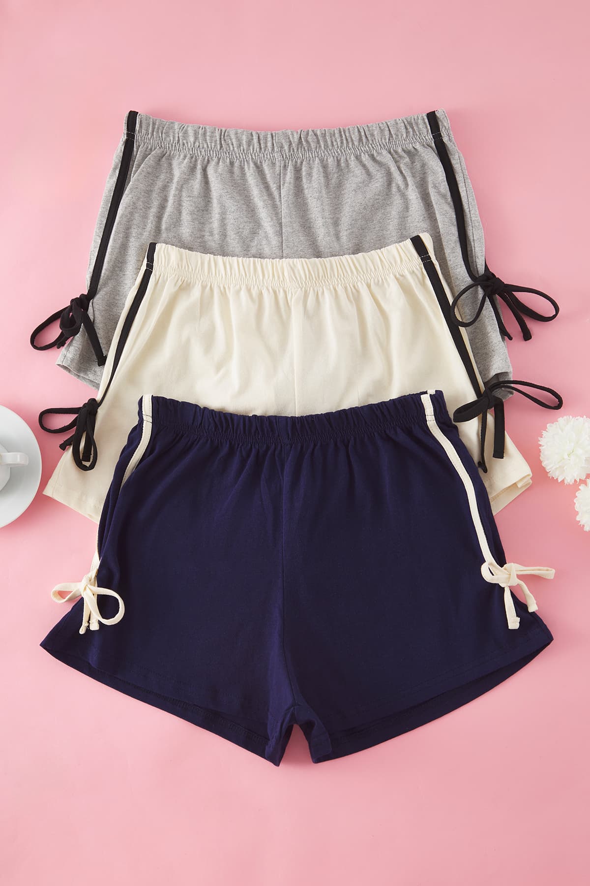 Lacivert-Çok Renkli 3'lü Paket %100 Pamuklu Bağlamalı/Fiyonklu Örme Pijama Altı