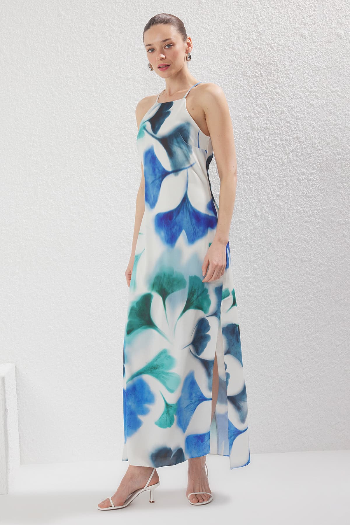 Açık Mavi Düz A Kesim Maxi Dokuma Elbise