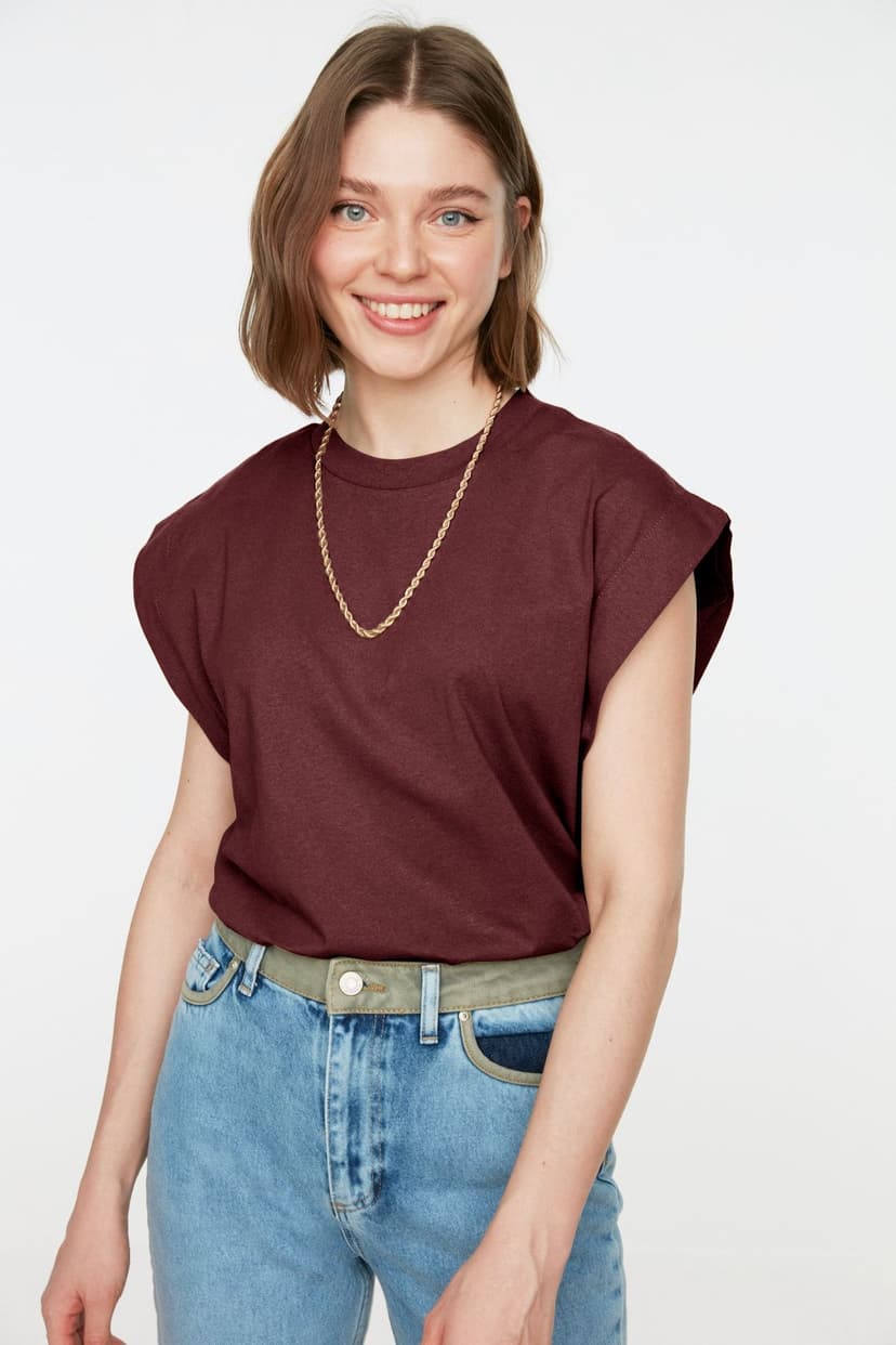 Bordo %100 Pamuk Vatka Görünümlü Basic Bisiklet Yaka Örme T-Shirt