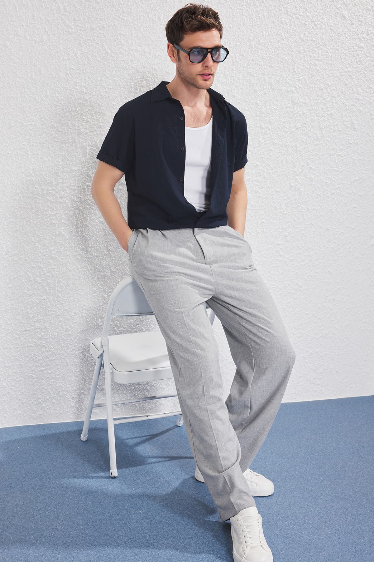 Lacivert Regular Fit Dokulu Dökümlü Salaş Erkek Gömlek