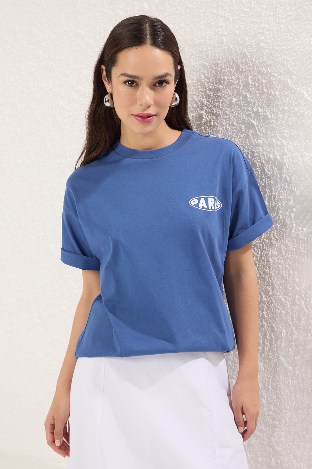 Indigo baskılı %100 Pamuk Premium Oversize/Geniş Kalıp Bisiklet Yaka Örme T-Shirt