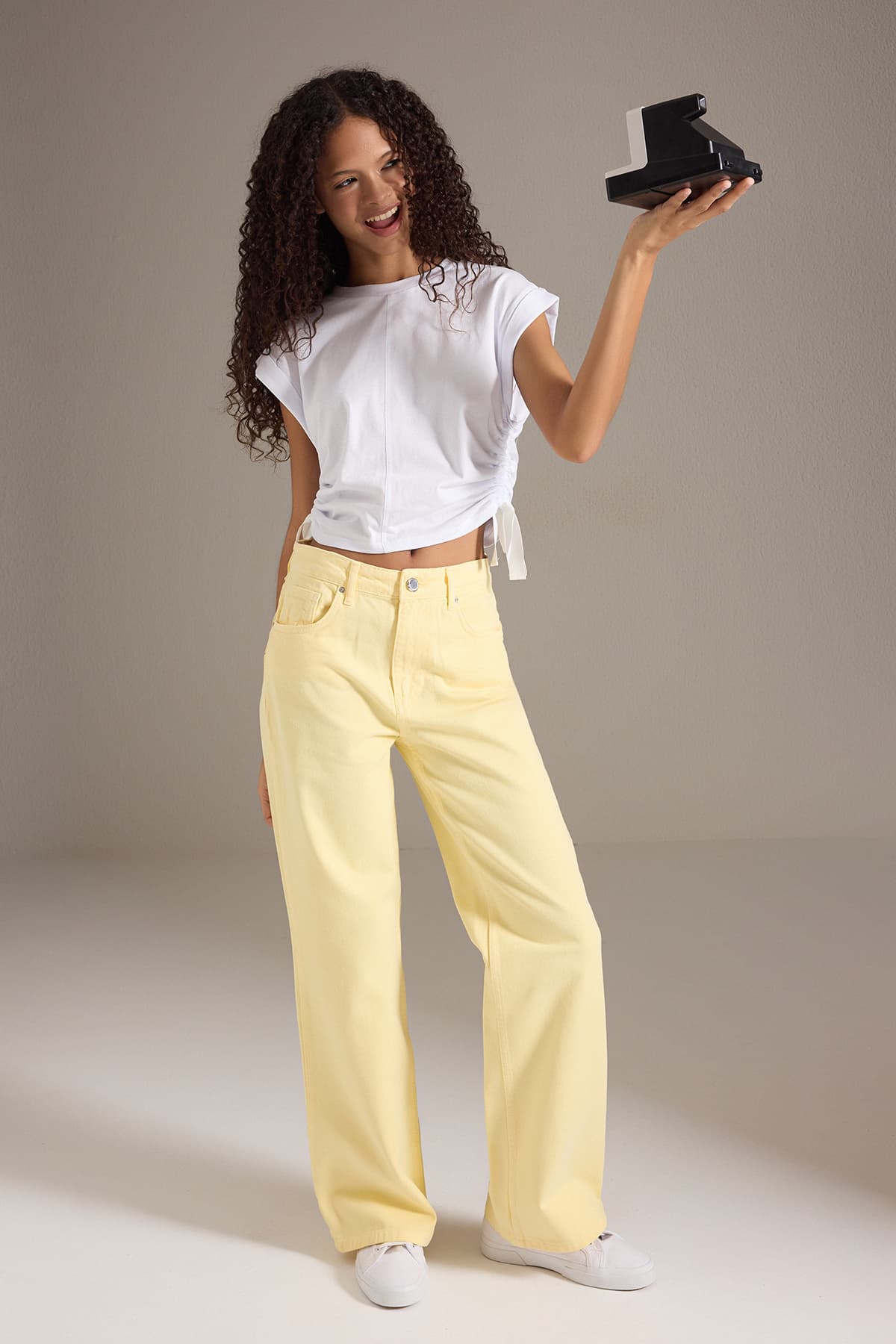 Sarı Yüksek Bel Wide Leg Jeans