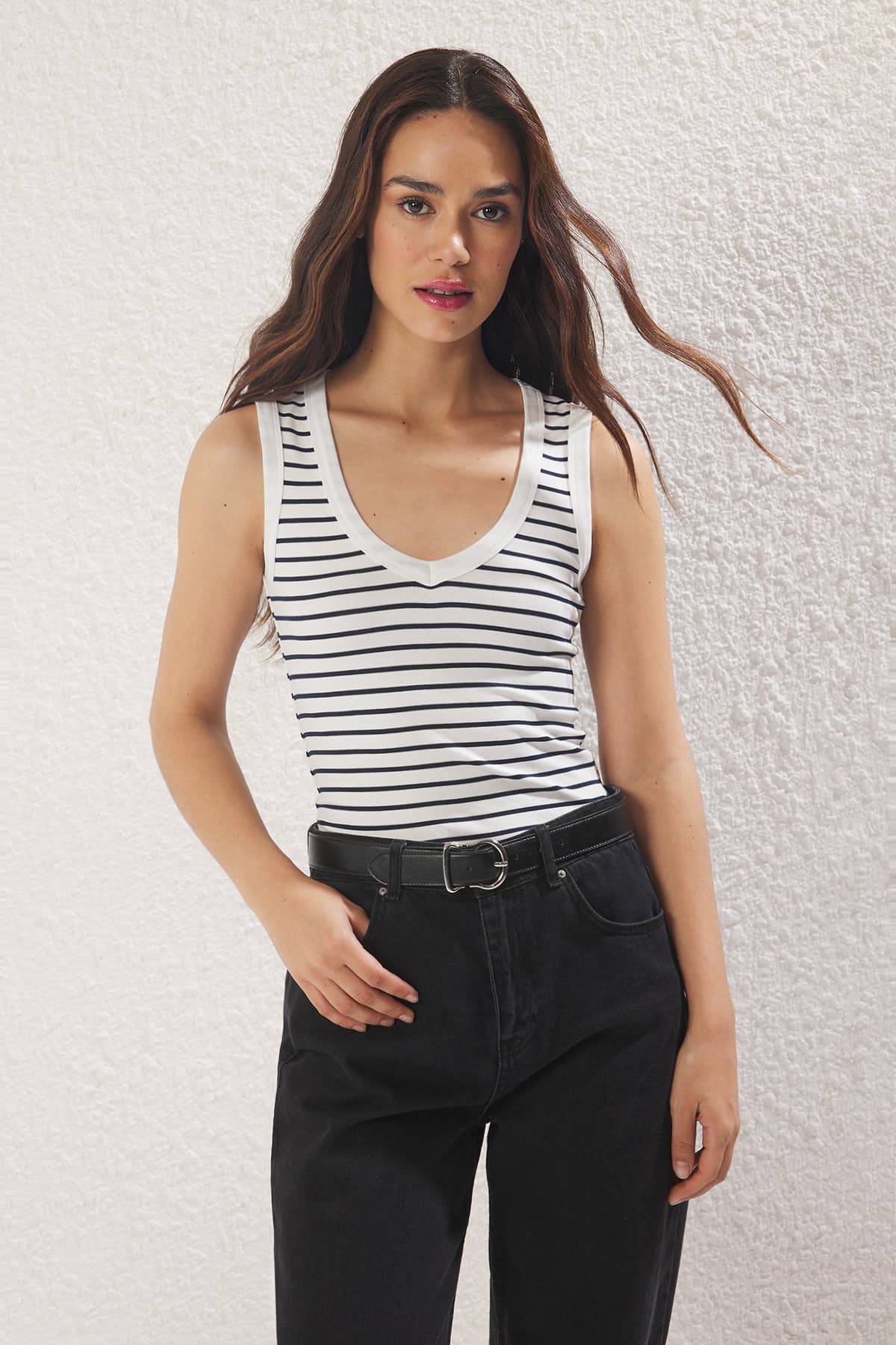 Lacivert Çizgili Fitted/Vücuda Oturan Kolsuz Esnek Örme Atlet