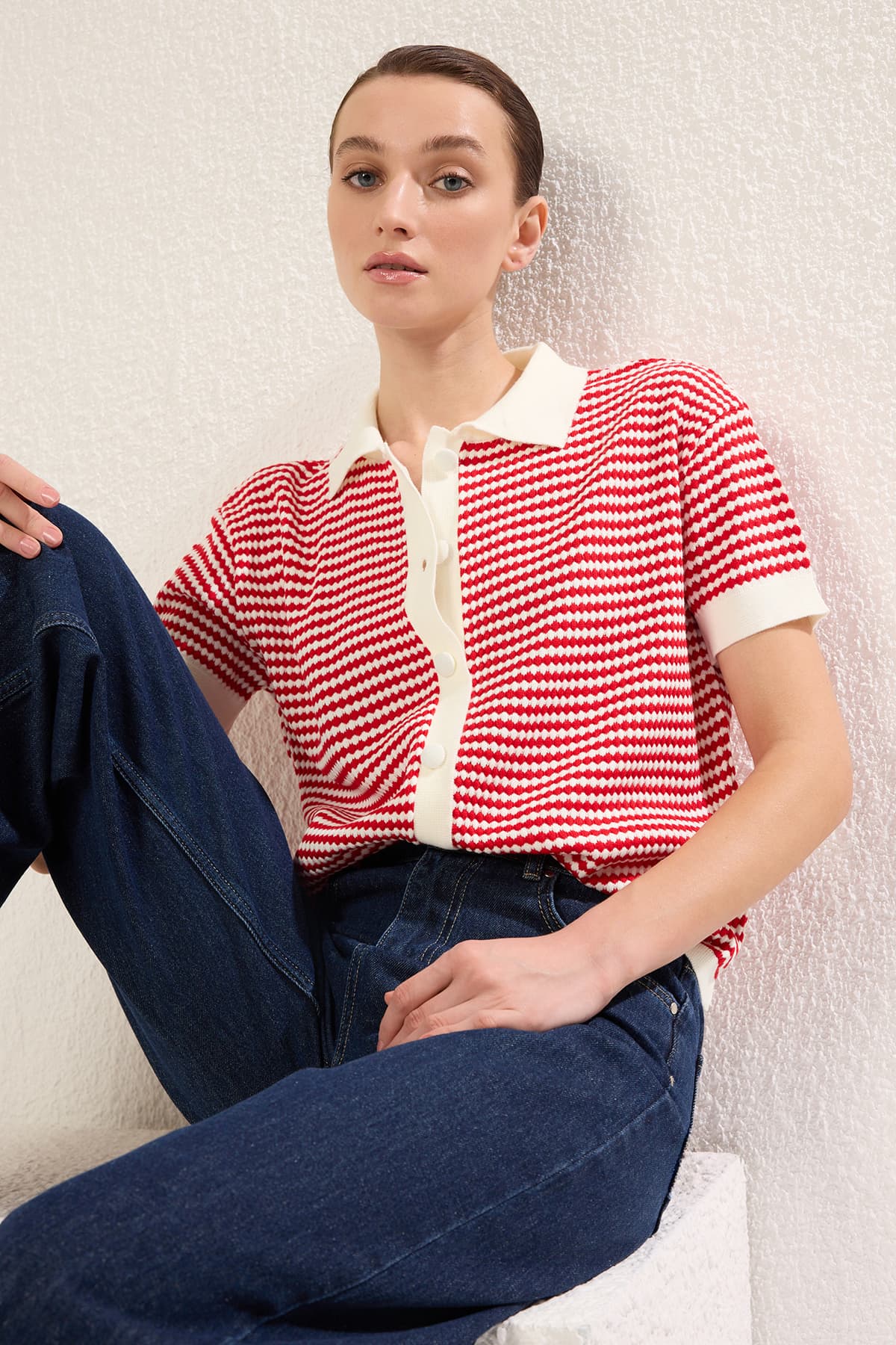 Kırmızı Polo Yaka Çizgili Bluz