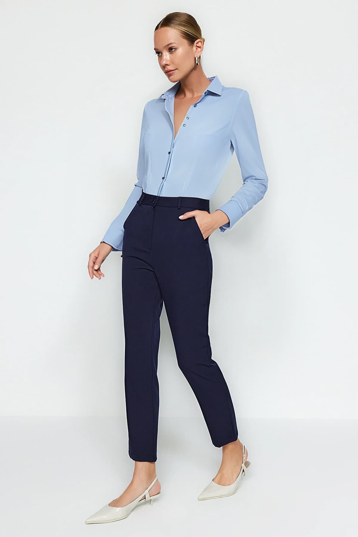 Lacivert Basic Cigarette Dar Paça Dokuma Kumaş Pantolon