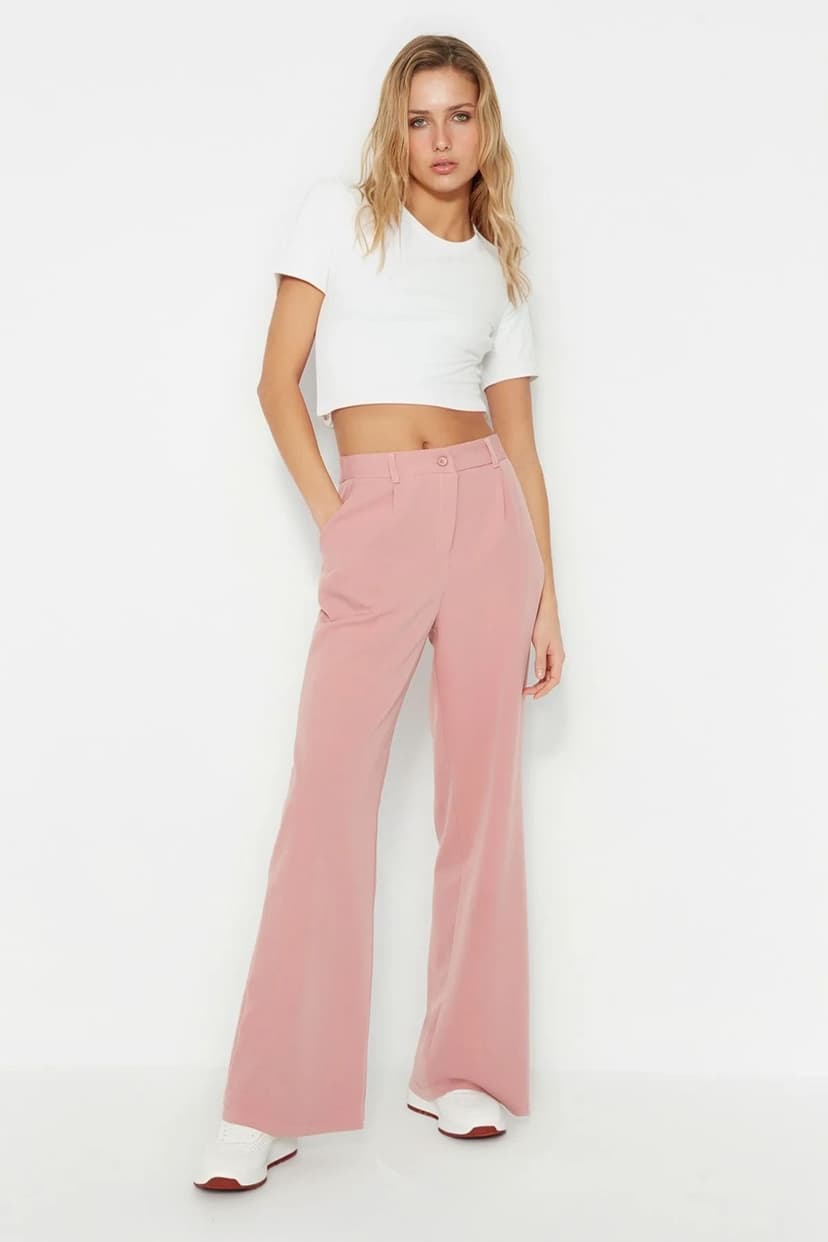 Gül Kurusu Yüksek Bel Wide Leg/Geniş Paça Pilili Dokuma Kumaş Pantolon