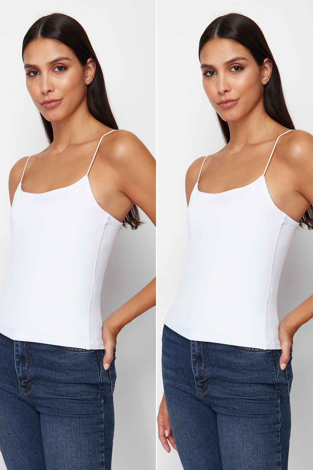 Beyaz-Beyaz Askılı Regular Boy Vücuda Oturan Esnek 2'li Paket Örme Atlet