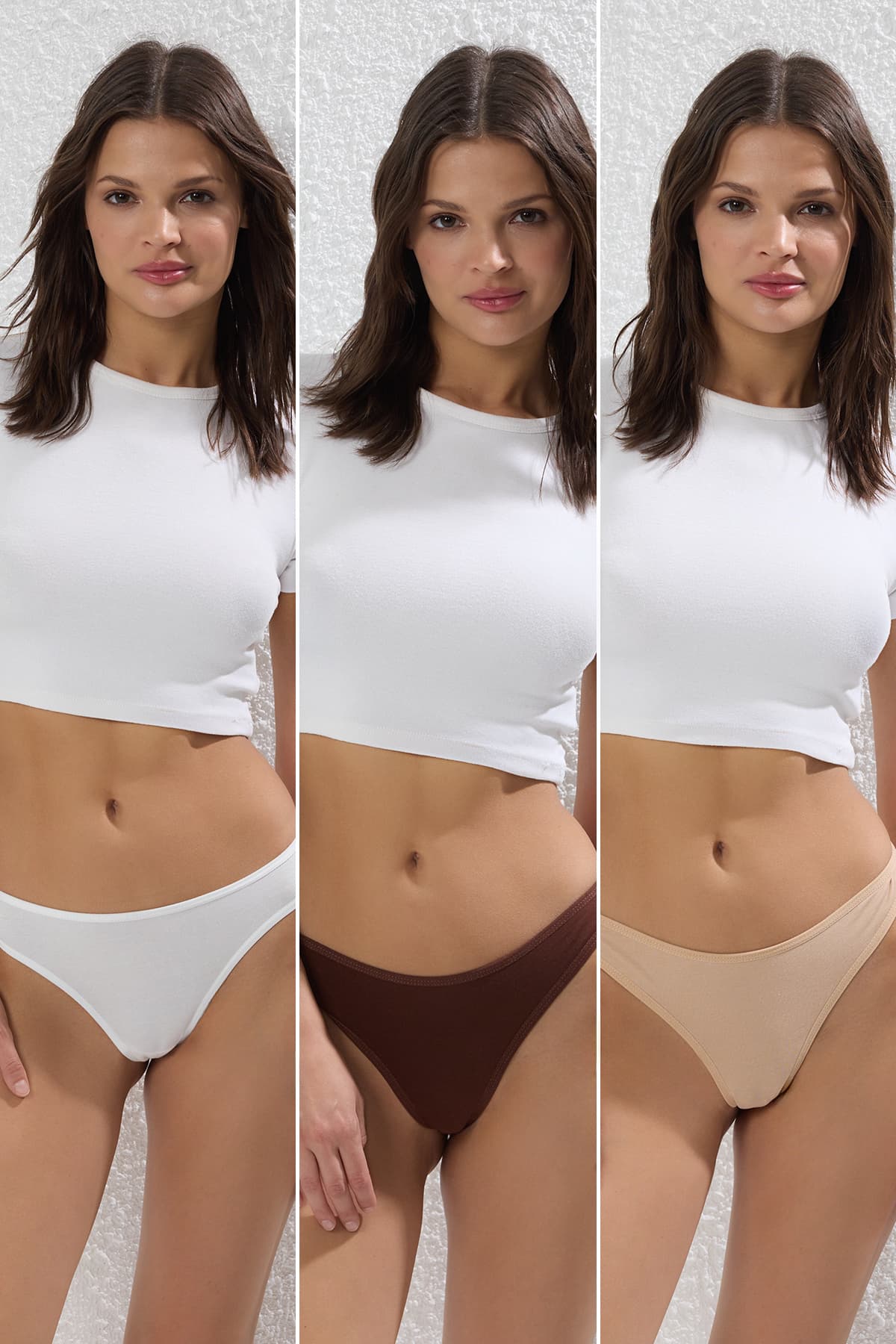 Kahverengi-Çok Renkli 3'lü Paket Pamuklu Dantel Detaylı Tanga Örme Külot