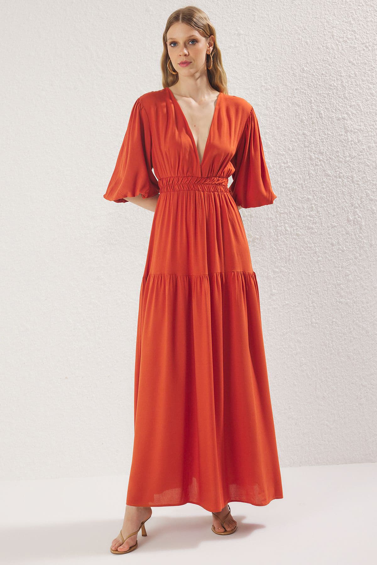 Kiremit Düz Maxi Dokuma Elbise