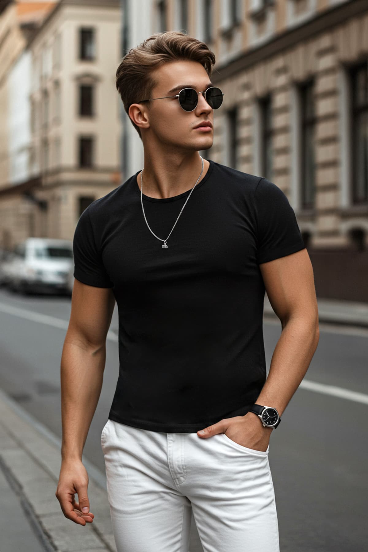 Siyah Slim/Dar Kesim %100 Pamuklu Basic Bisiklet Yaka Tok Kumaş T-shirt