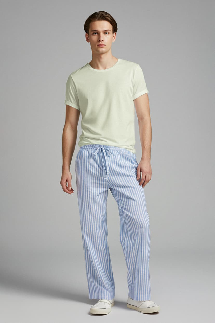 Mavi Geniş Fit Çizgili Dokuma Pantolon Pijama Altı