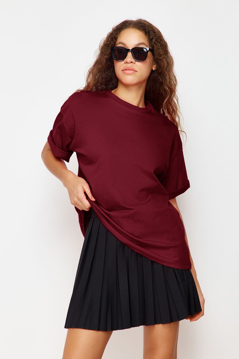 Bordo %100 Pamuk Premium Oversize/Geniş Kalıp Bisiklet Yaka Örme T-Shirt