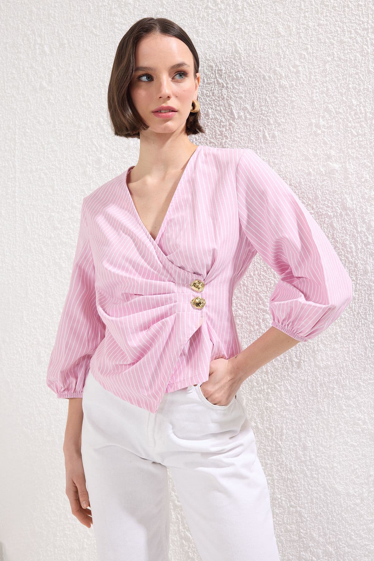 Pembe Kruvaze Çizgili Dokuma Bluz