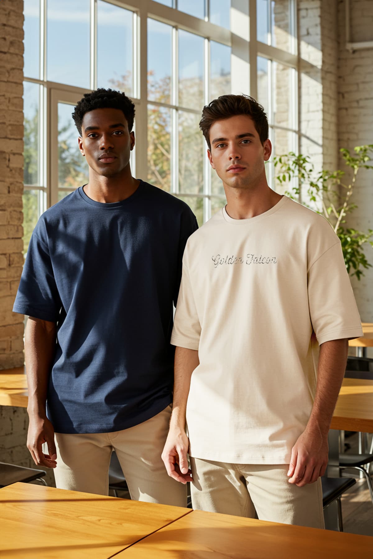 Lacivert-Bej Oversize/Geniş Kesim 2'li Paket Yazı Baskılı-Düz %100 Pamuk T-Shirt